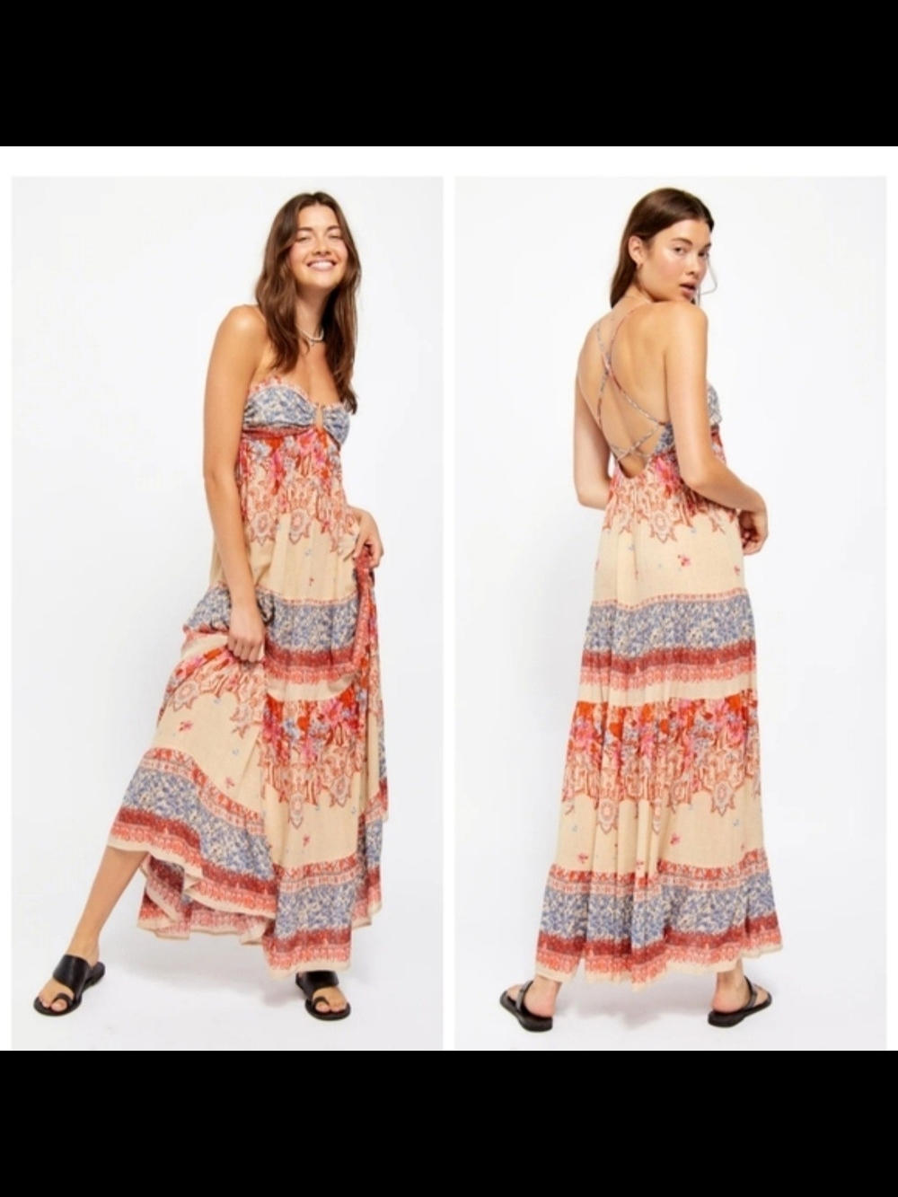 Free People Bohemian Floral Striped Maxi Dress in Beige and Coral Size XS